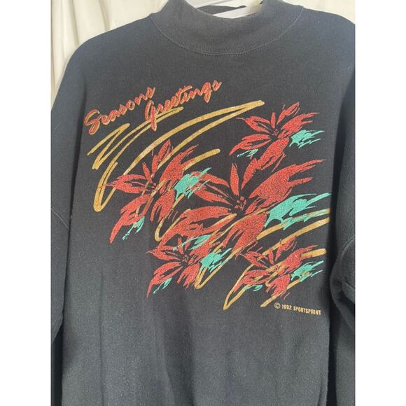 VTG 1992 Christmas Sweatshirt XL Season’s Greetings Poinsettia Black Holiday0 - Picture 2 of 9